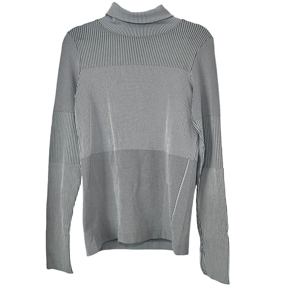 Athleta Striped Mock Neck Long Sleeve Top Med. Gray White Stretch Athletic Wear